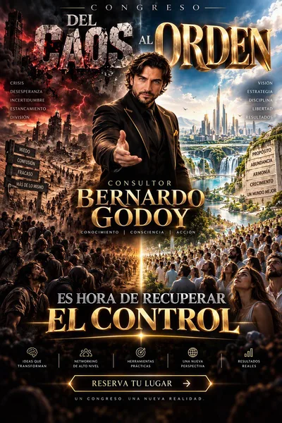 Cartel del congreso Del caos al orden: Bernardo Godoy frente a un auditorio y una ciudad futurista