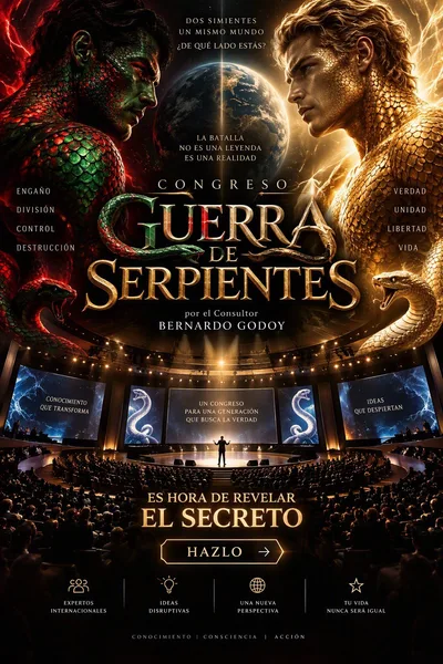 Cartel del congreso Guerra de Serpientes: dos serpientes enfrentadas sobre un auditorio iluminado