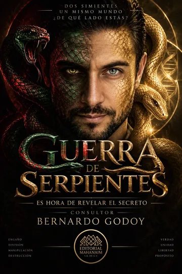 Portada del libro Guerra de Serpientes: un rostro dividido entre una serpiente oscura y una dorada