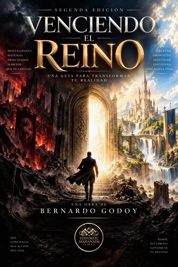Portada del libro Venciendo el Reino: un hombre ante un castillo en llamas
