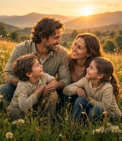 Portada del programa Una vida con sentido: una familia sonríe en un campo al atardecer