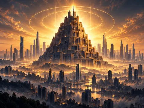 Cartel de El Retorno de Babel: la Torre de Babel envuelta en un halo dorado, rodeada de una ciudad futurista al atardecer