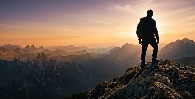 Silueta de un caminante con mochila sobre una cima, frente a un valle de montañas al atardecer