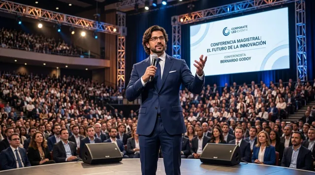 Bernardo Godoy con saco rojo y micrófono en mano dando una conferencia ante el público
