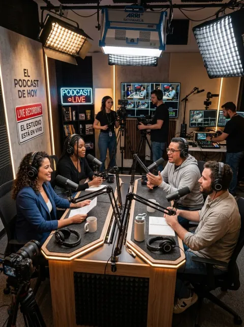 Bernardo Godoy con chamarra negra en su estudio de producción, con micrófono y monitores al fondo